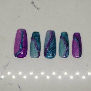 Custom gel Press on Nails Handmade 10 pc set purple teal reflective sparkle